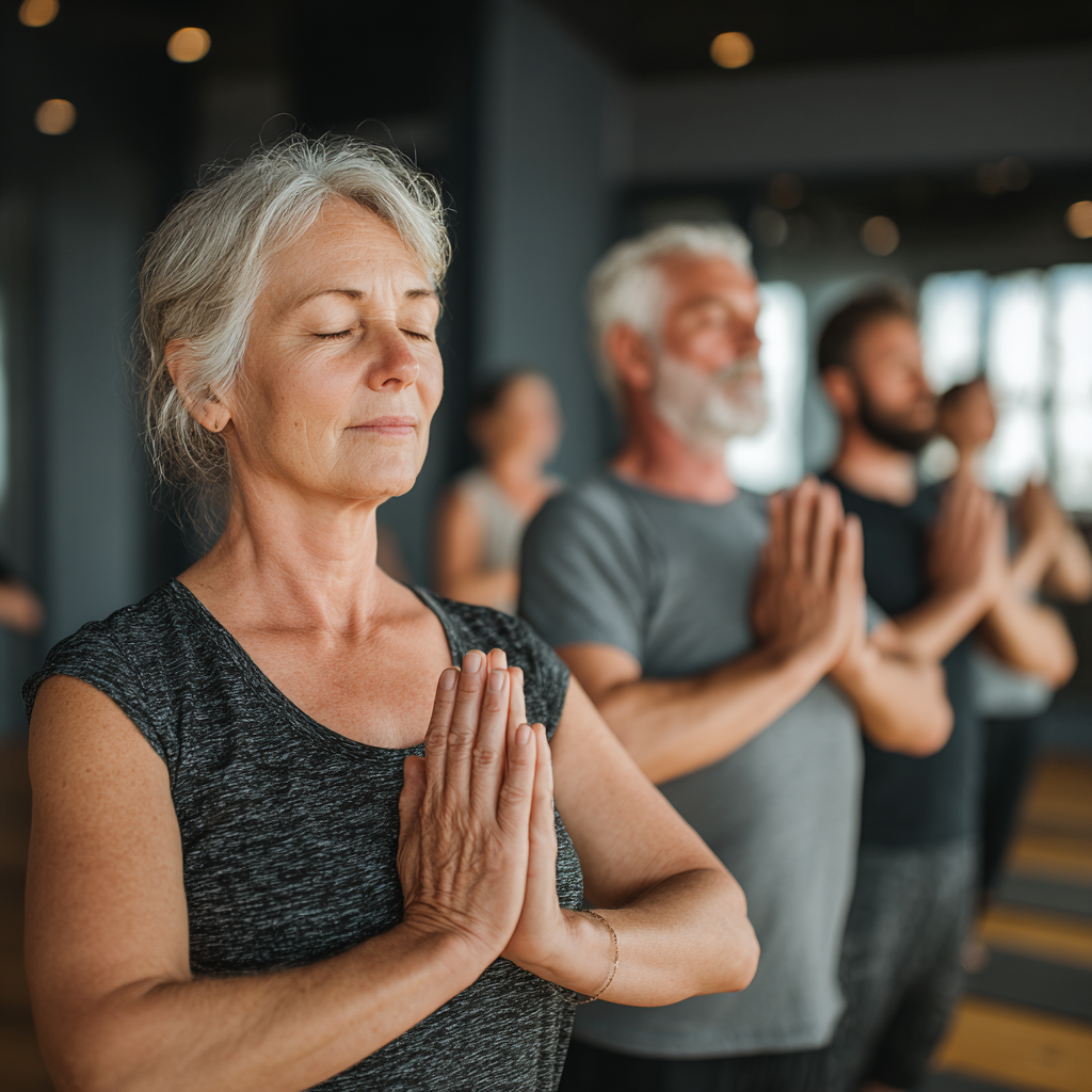 Group of middle-aged adults practicing yoga together in peaceful studio environment