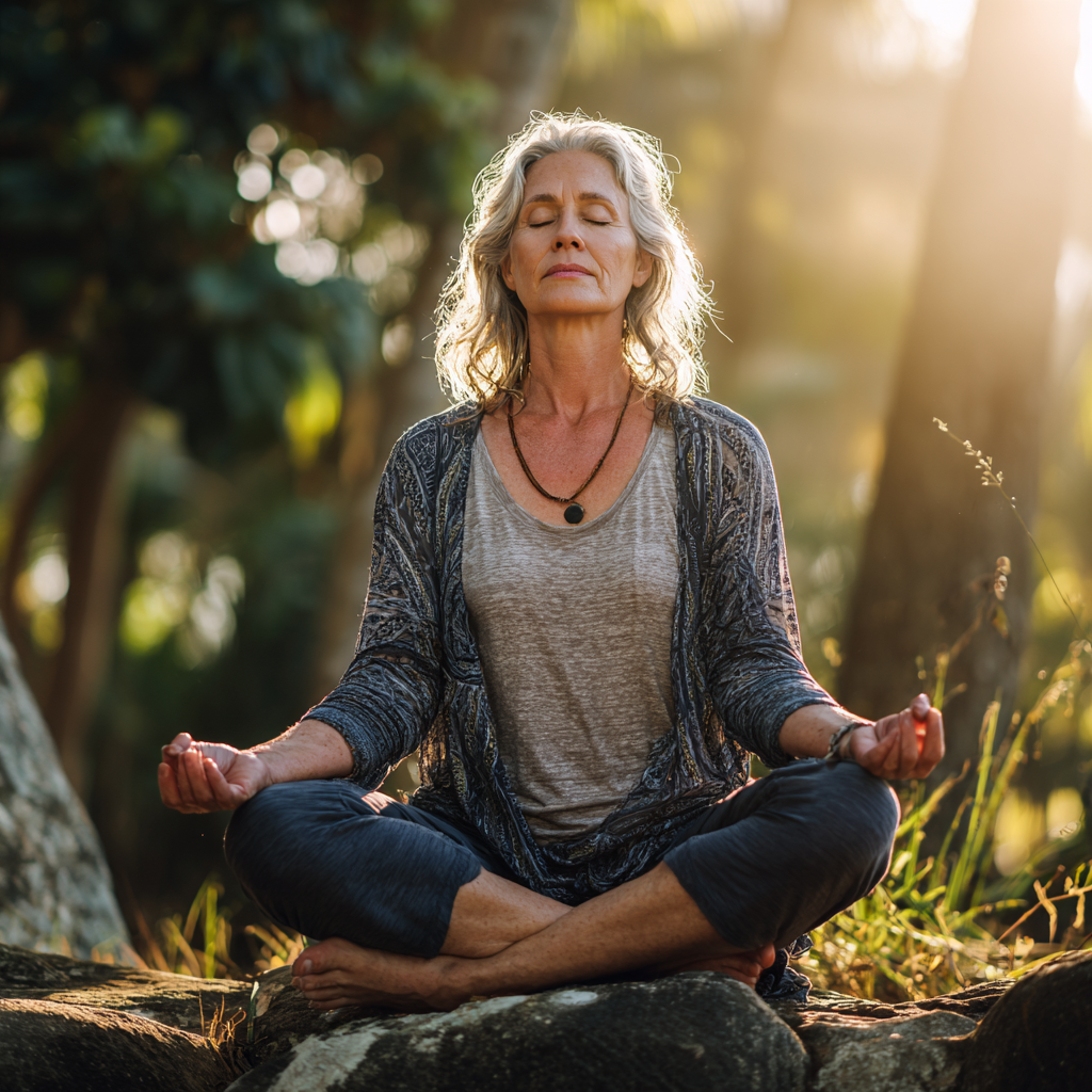 Mature woman practicing yoga meditation in serene natural setting